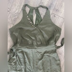 Olive Green Halter Jumpsuit with Rhinestones